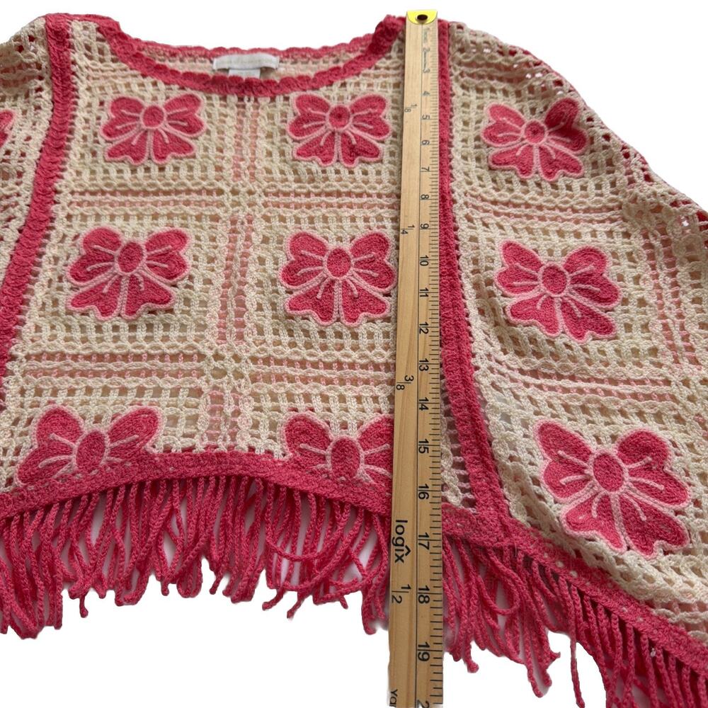 House Of Harlow Poncho OS Pink Bow Granny Square Knit Crochet Shawl Sweater READ - Picture 6 of 9
